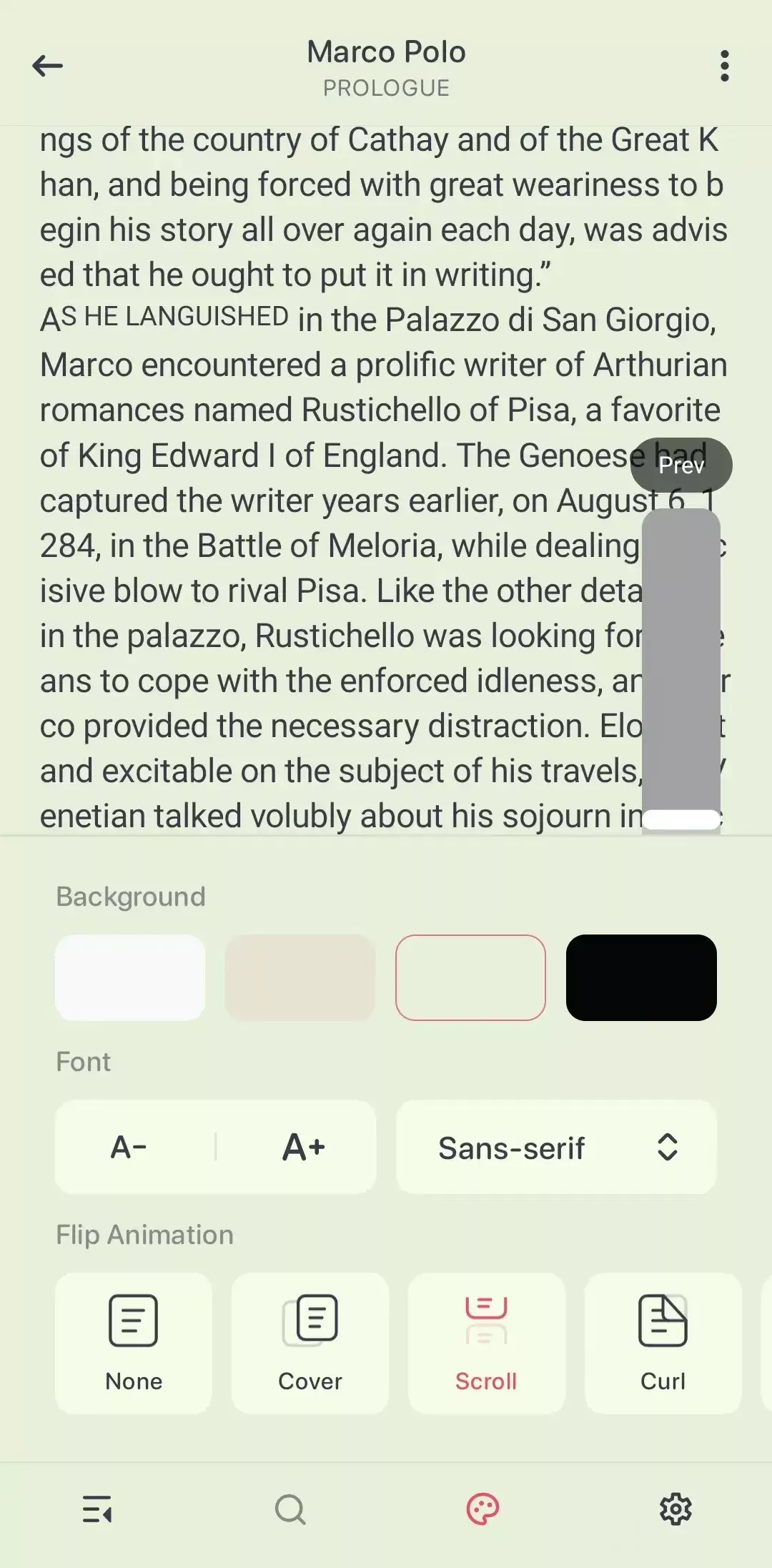 Quetta Reader controls for background, text size, page movement and chapter navigation.
