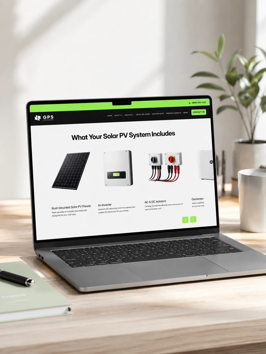Laptop displaying a solar PV system components website.