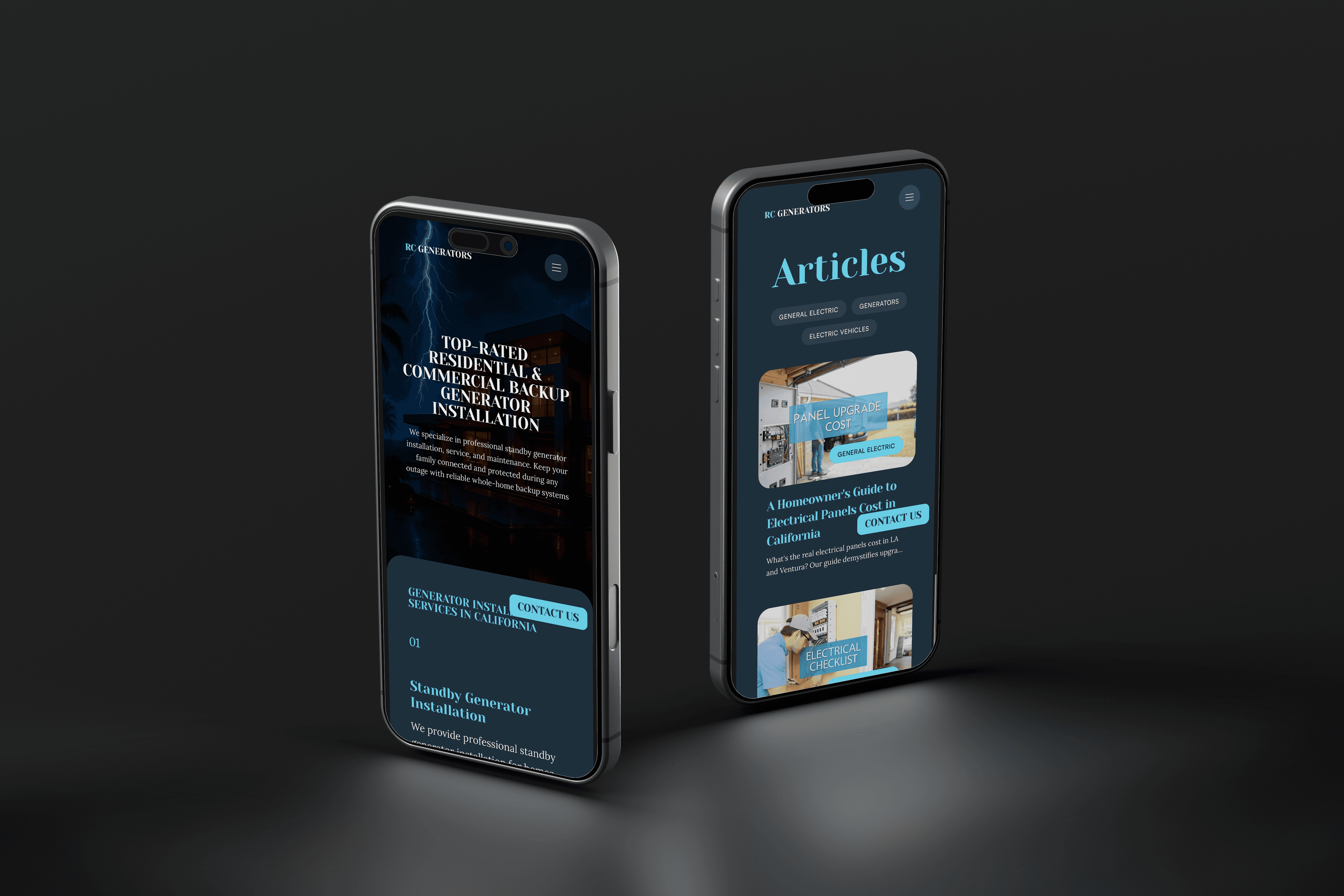 two phones in a dark room displaying a website on different pages