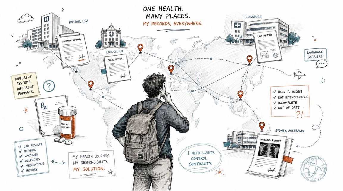 A traveler looking at a world map illustrating the fragmented nature of global medical health records.