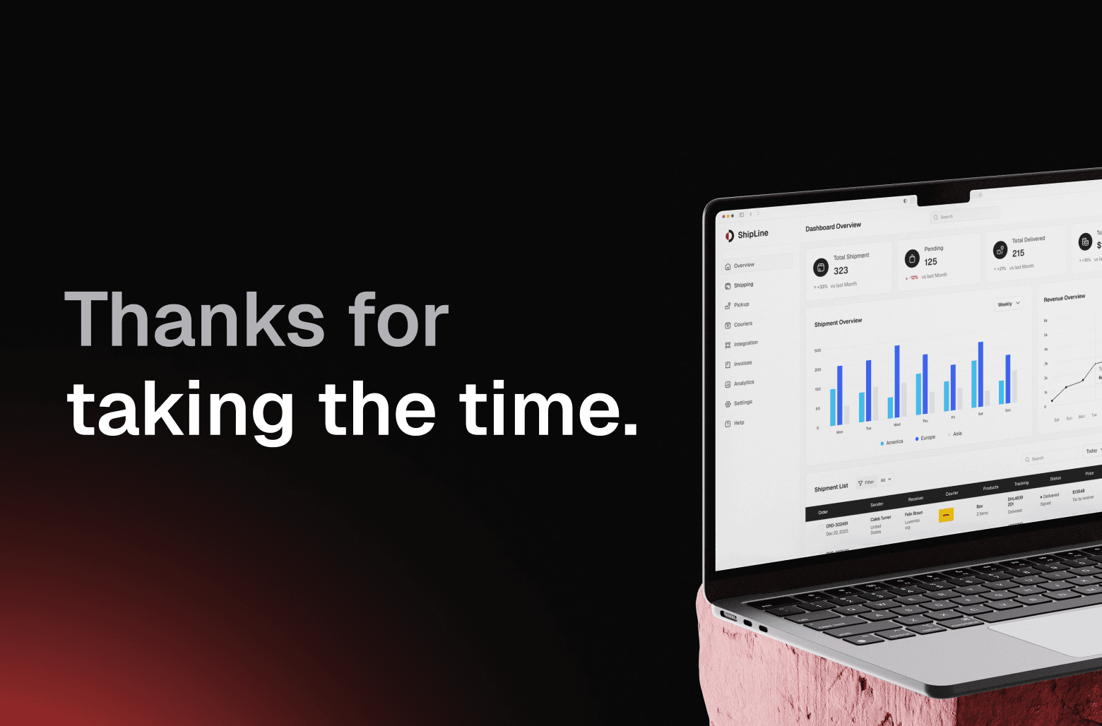 Thank you slide with Shipline dashboard on laptop