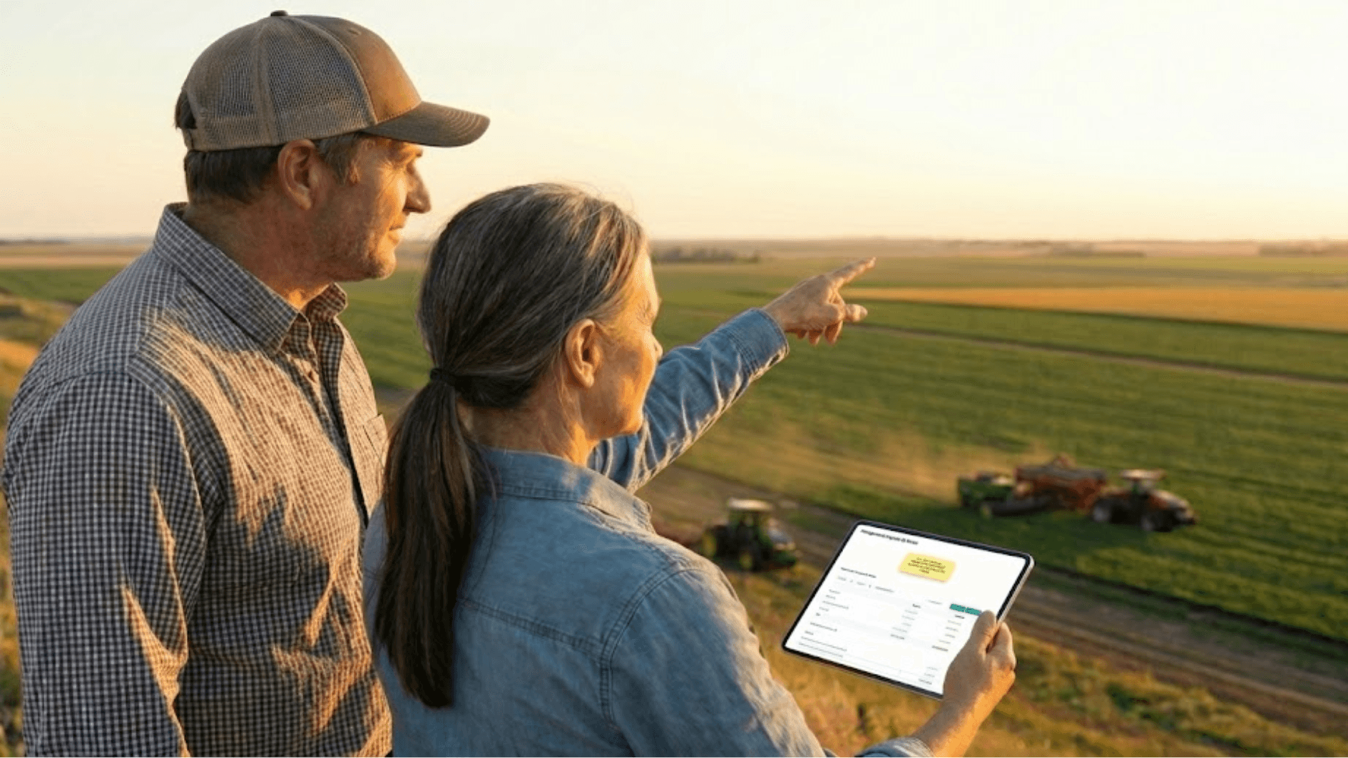 Produtores rurais verificando a projeção do Imposto de Renda no tablet em meio à lavoura