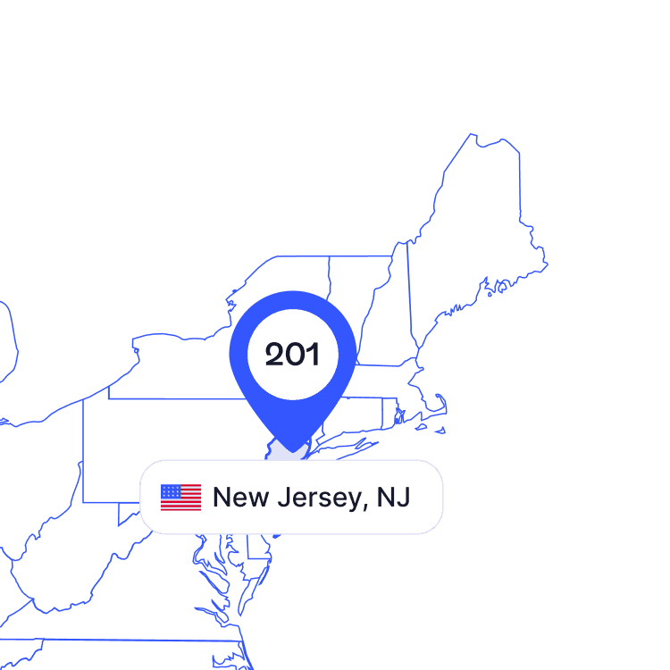 US map of 201 area code phone numbers and its coverage region
