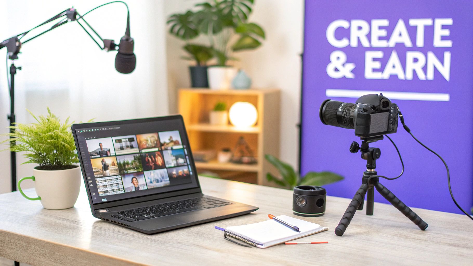 A well-equipped content creator workspace with a laptop, camera, microphone, and a 'CREATE & EARN' banner.