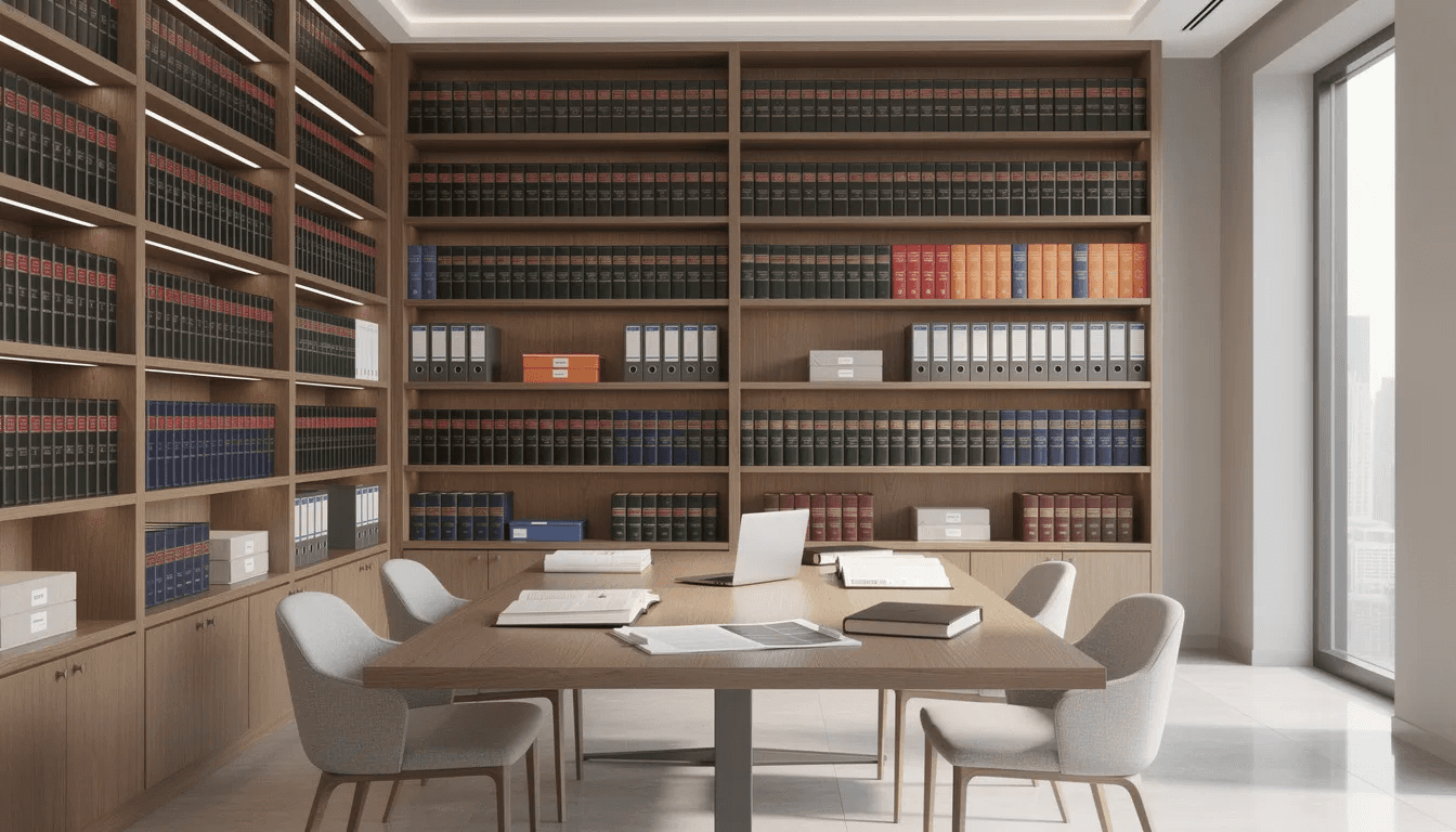 The image depicts a modern law library filled with shelves of legal books and documents, showcasing resources related to trust law, estate administration, and common law. The organized arrangement of materials reflects a space designed for legal professionals to research and understand various legal entities and their responsibilities.