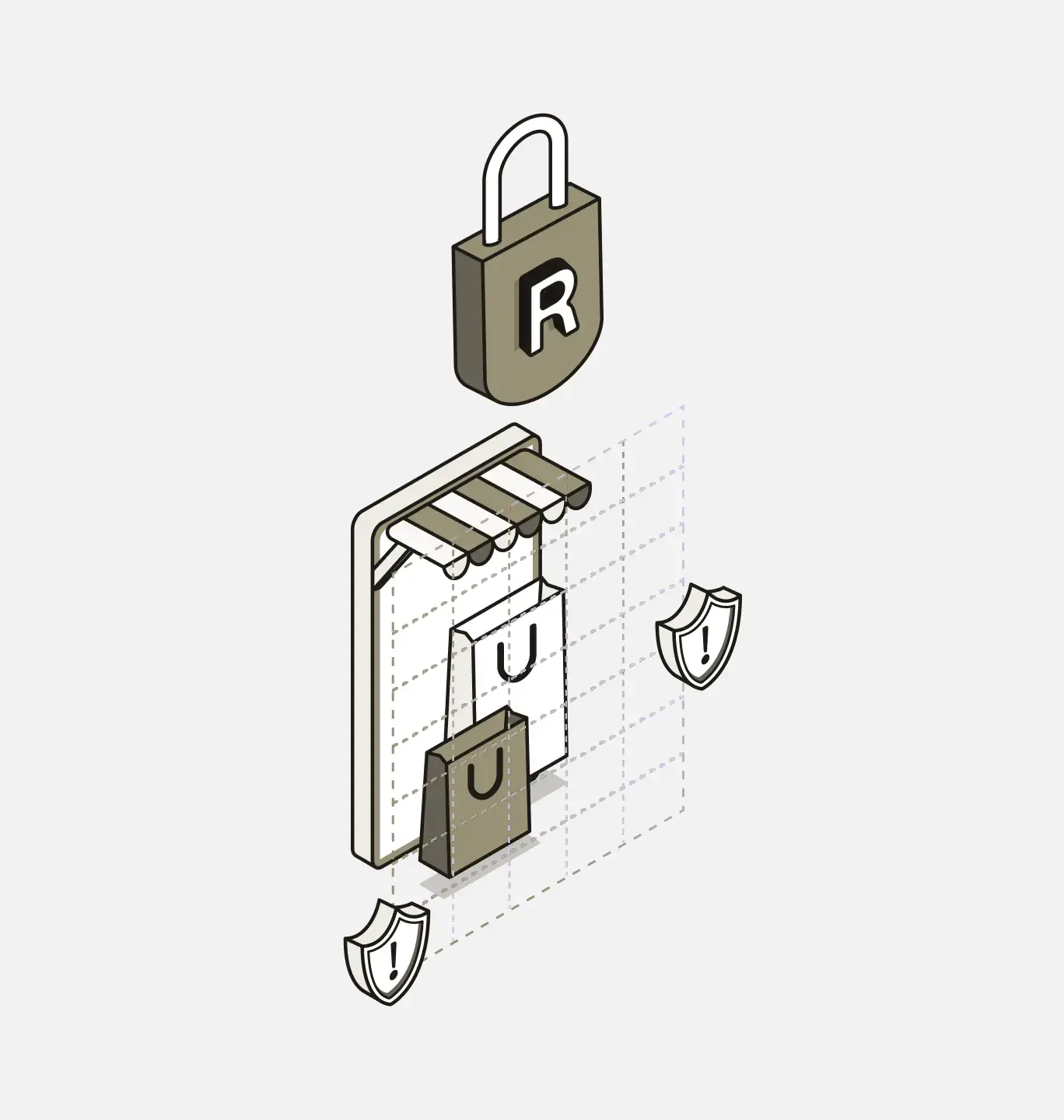 Reach-branded padlock above an online storefront with shopping bags and protective shields.