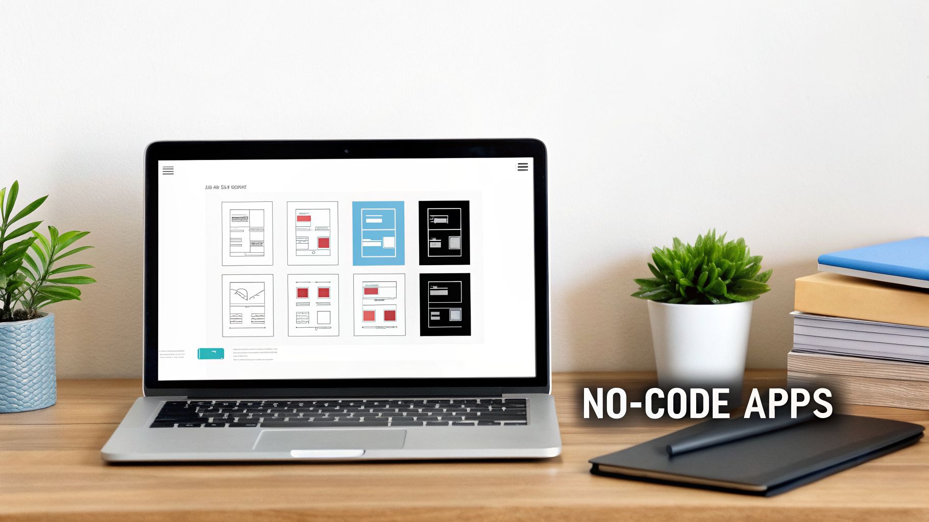 A laptop on a wooden desk displaying no-code app wireframes, with plants and books.