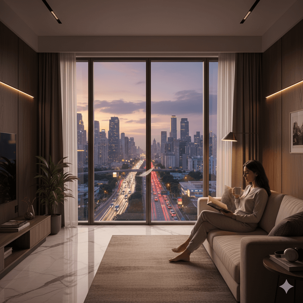 Apartment living room with large double-glazed windows overlooking a city skyline, promoting soundproofing