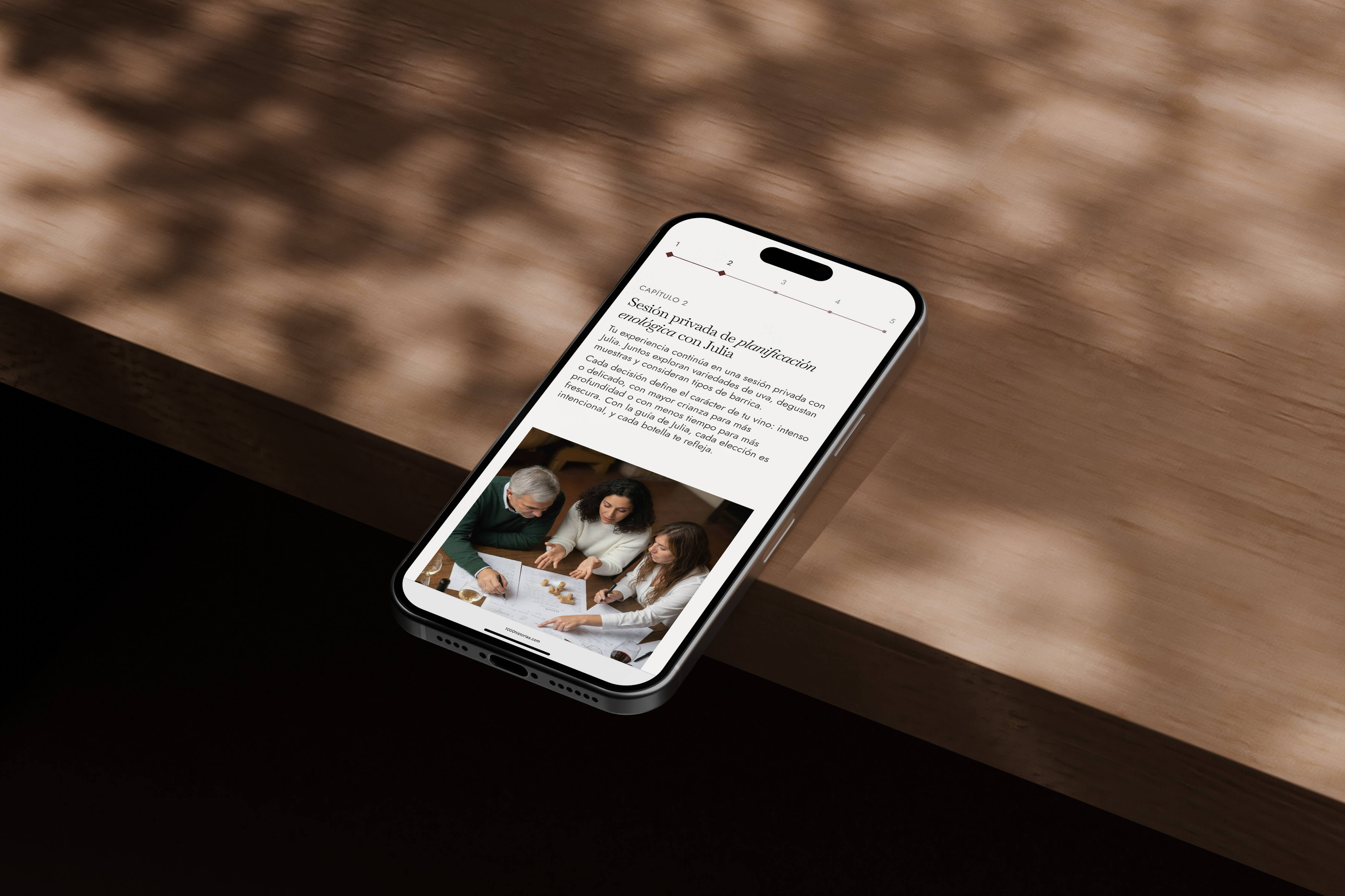 Phone displaying a site Lucas Eriksen has made for an Argentinian wine brand called 1000 HIstorias.