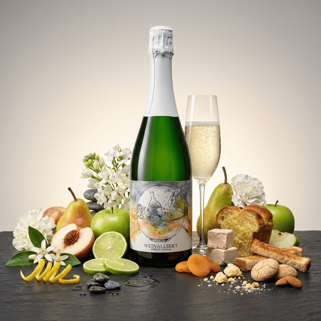 Schaumwein-Flasche mit Tulpenglas und Aroma-Arrangement aus Birne, Limette und Blüten — Perlage-Produktfotografie