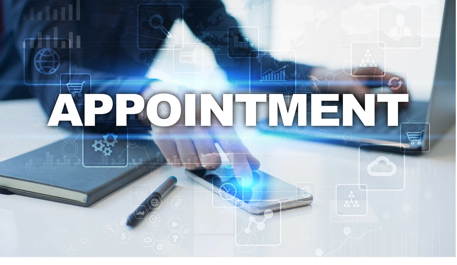 Businessman working in office, pressing button on virtual screen and selecting appointment.