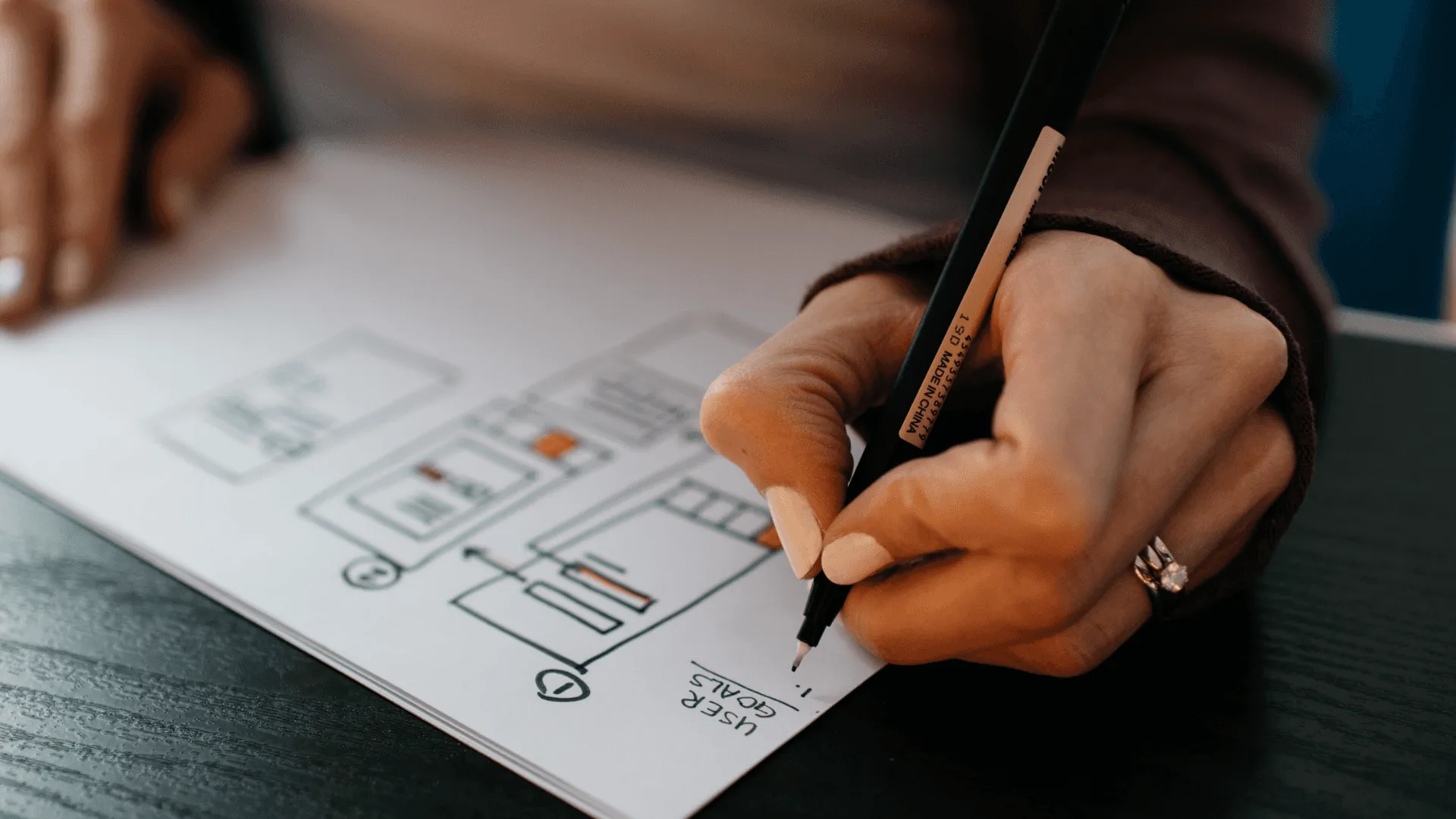 A person annotating hand-drawn wireframes