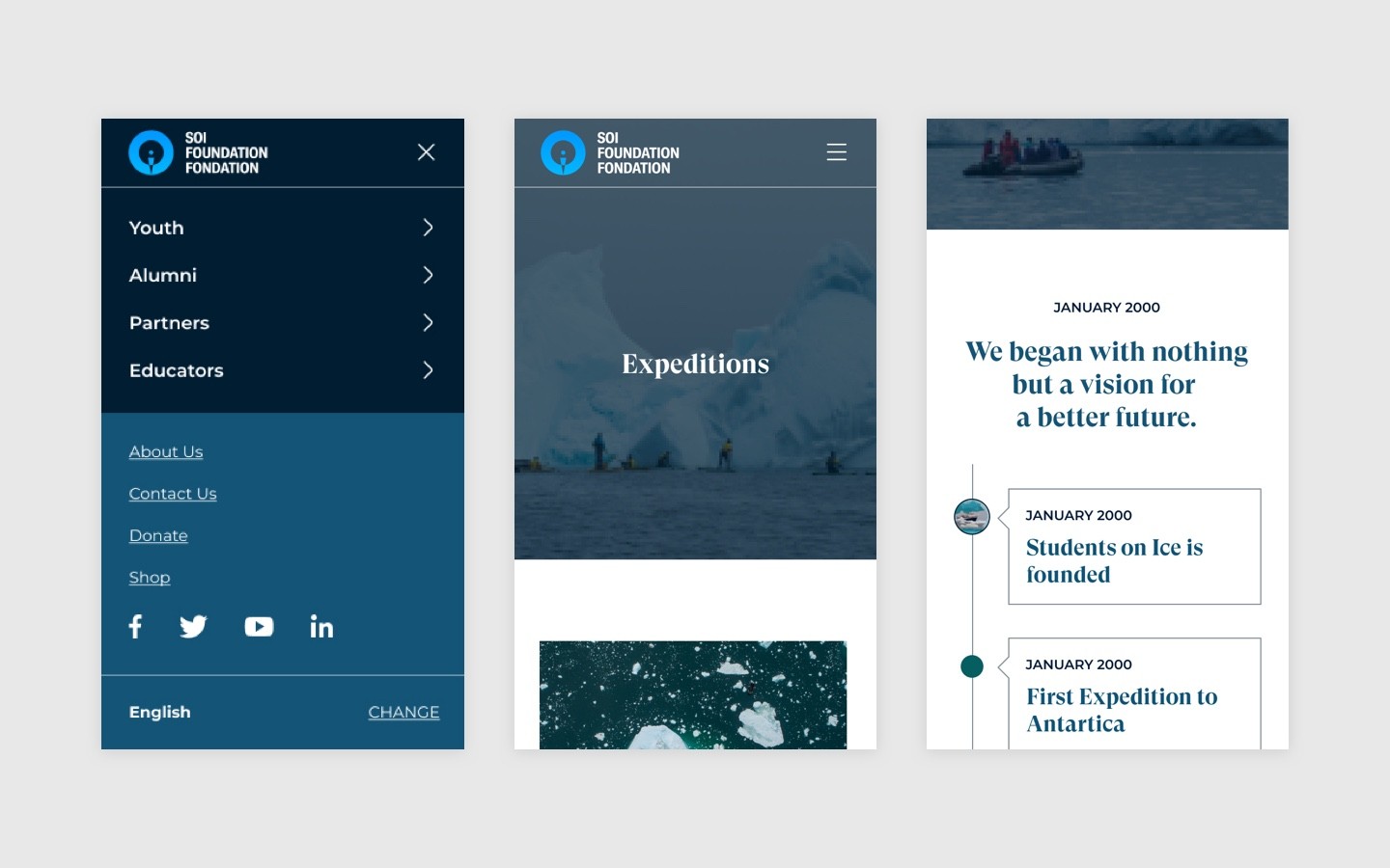 Key screens from mobile, showing how the content blocks seamlessly adapt for a simplified mobile experience.