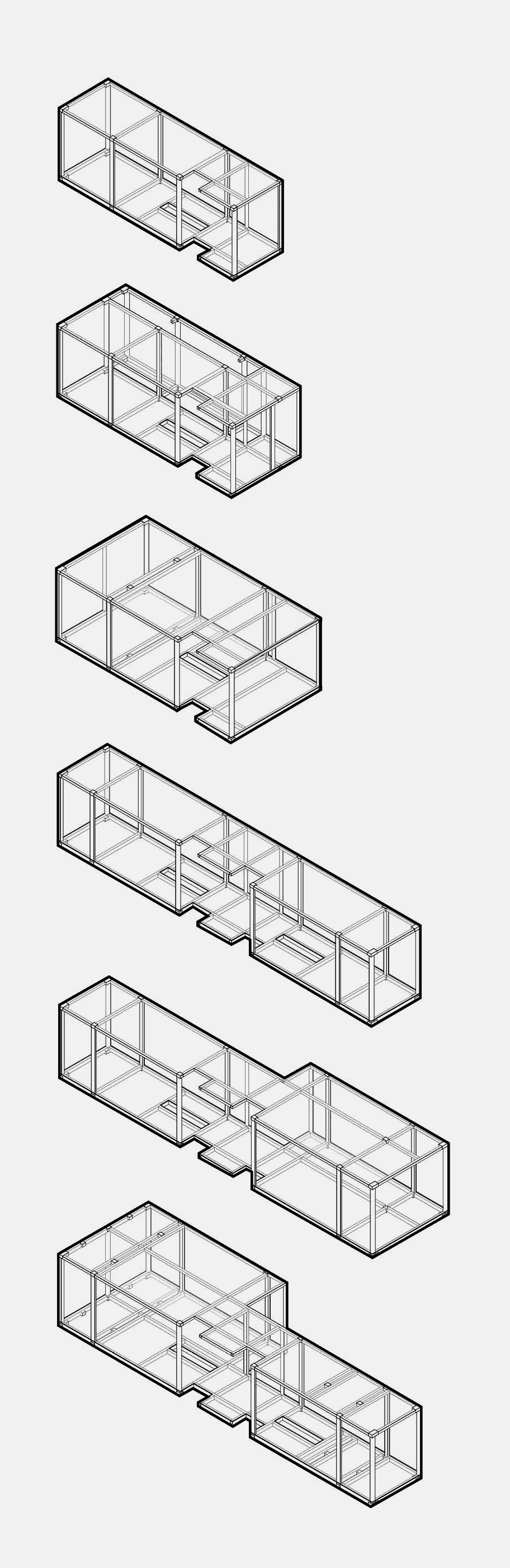 The structural cages of six distinct guestroom modules showcasing a diverse range of lengths and widths.