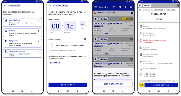 Four screenshots of a mobile route management app showing different stages of the process: from selecting the sorting method (Rocket Mode or Manual), to setting the starting point and breaks, and viewing pending deliveries and specific package details.