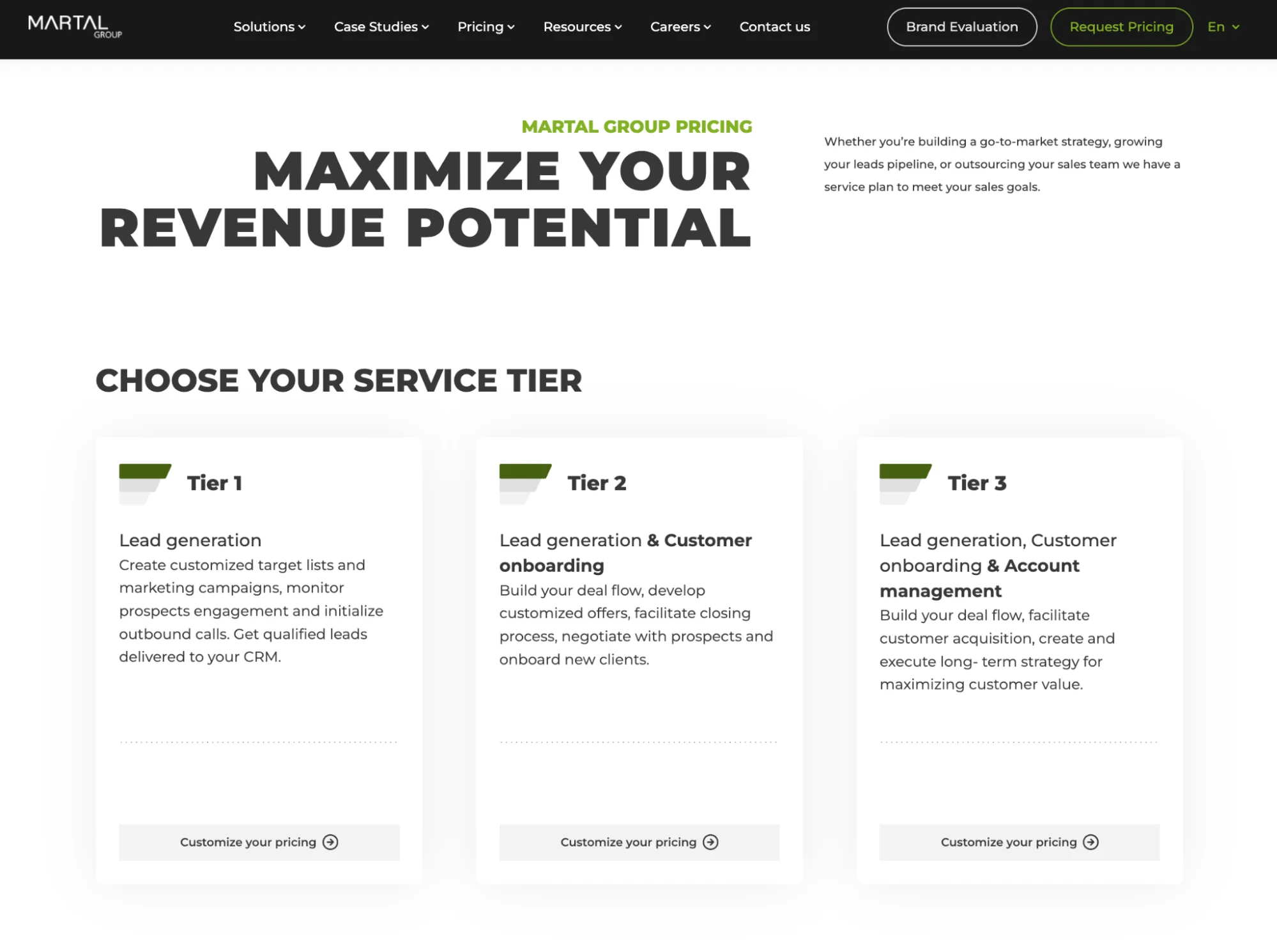 Martal Group pricing page: three-tier service plans