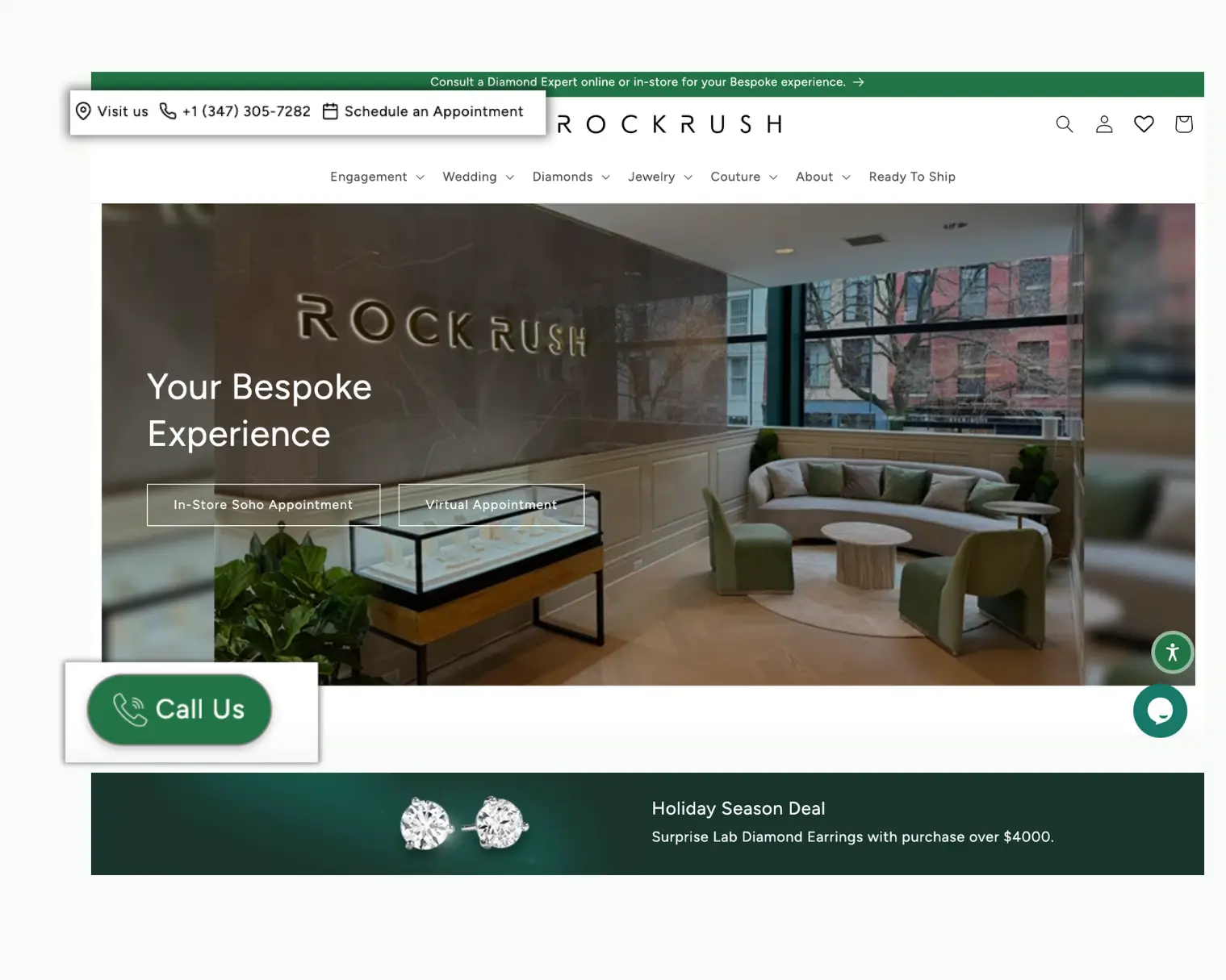 Rockrush bespoke jewelry showroom in Soho offering virtual and in-store diamond appointments.