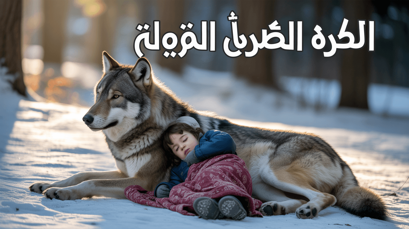 Protective wolf with sleeping child in snowy forest and Arabic rescue headline
