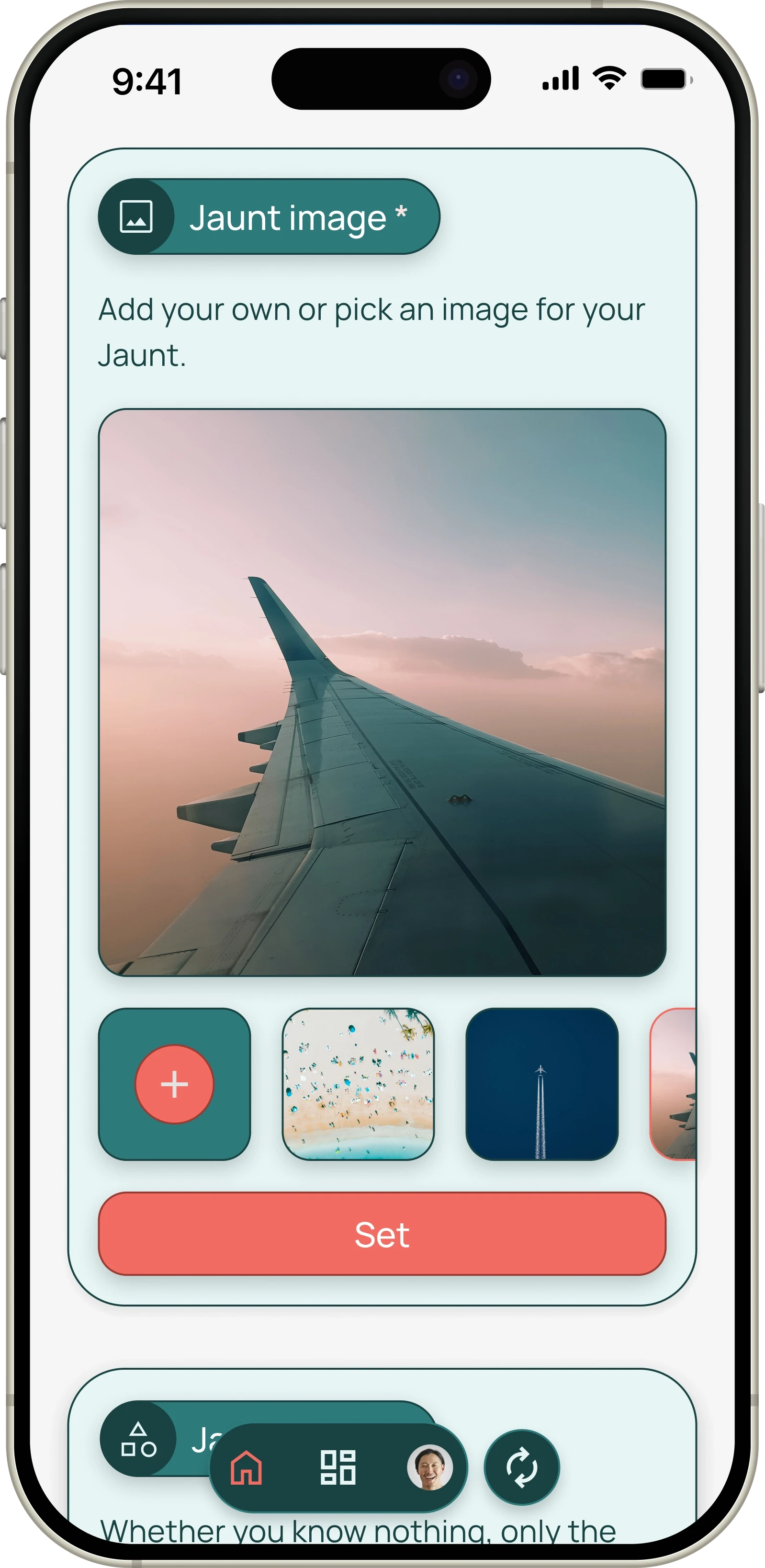 Jaunt trip setup screen for adding a trip photo