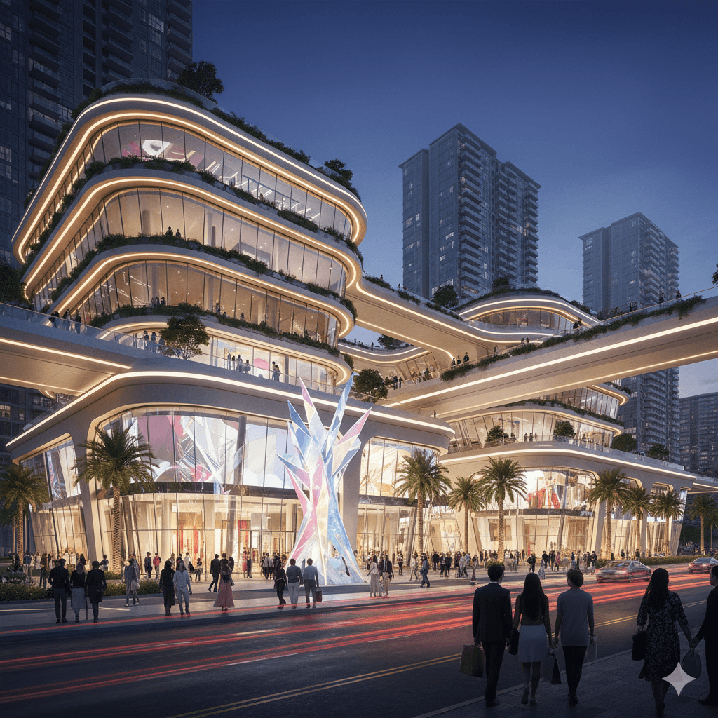 Futuristic high-street retail architecture with glass facades in Sector 57 Gurugram
