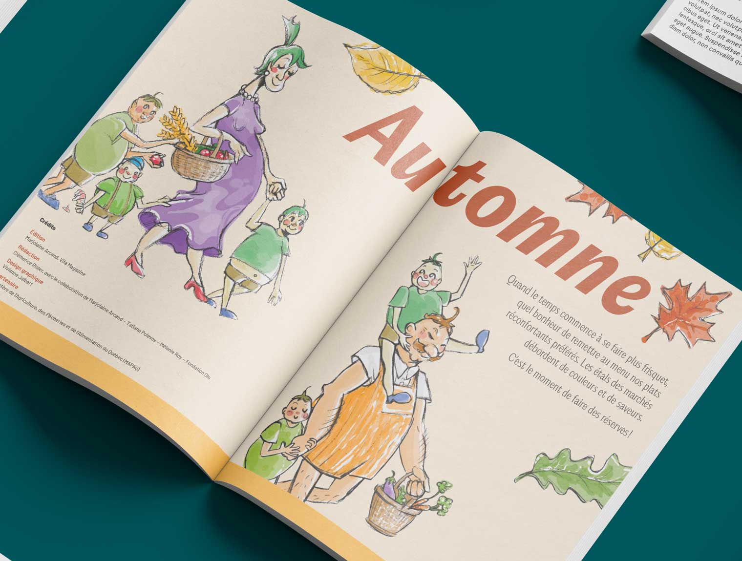 Double page ouvert de magazine de cuisine avec illustrations joviales d'une famille