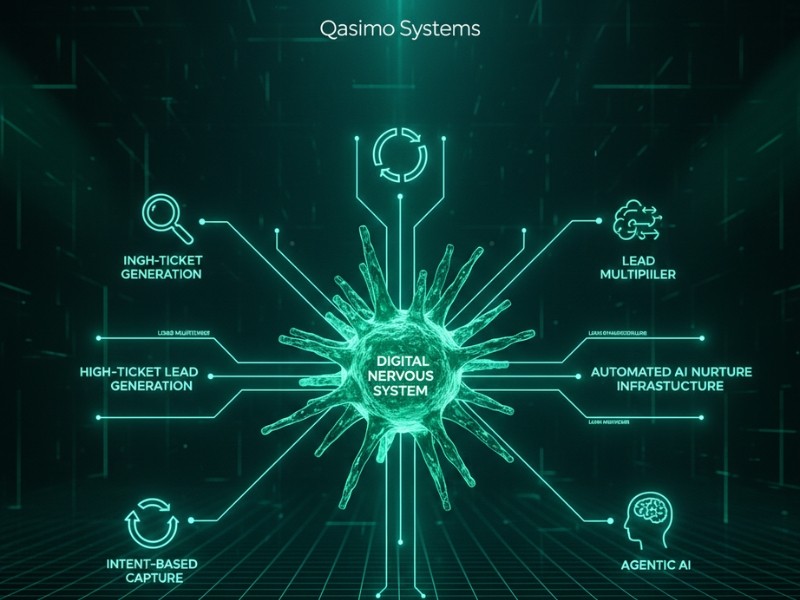 A digital blueprint from Qasimo Systems illustrating the Lead Multiplier infrastructure, which uses Agentic AI to automate B2B lead generation for elite consulting practices.