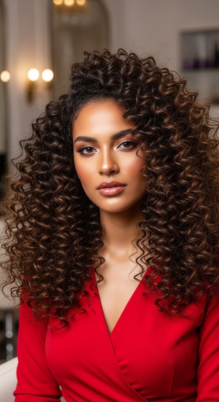 Woman with voluminous, tight dark curls and glowing makeup wearing a red V-neck top in a warm, blurred interior.