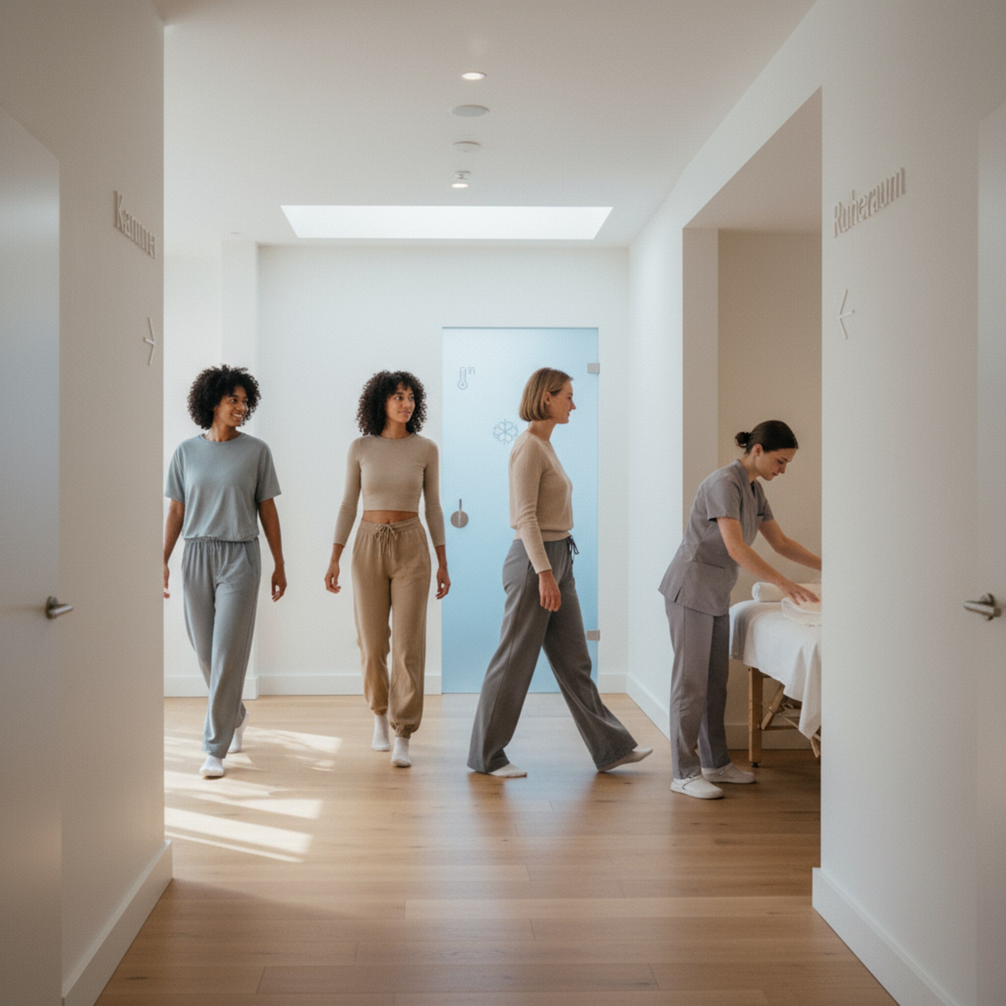 Ein heller Studioflur mit klaren Linien, eine dezente Beschilderung zeigt den Weg zu Kammer und Ruheraum. Menschen gehen ruhig aneinander vorbei, jeder Schritt wirkt koordiniert. Eine Liege wird gerade frisch bezogen. Der gesamte Ablauf vermittelt Übersicht und Tempo zugleich.
