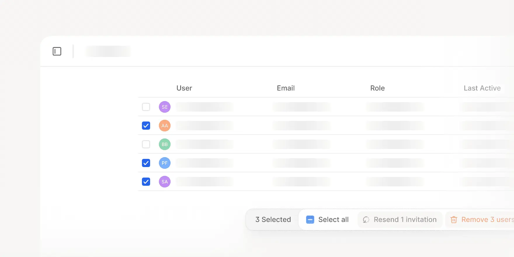User list with checkboxes and selective options.