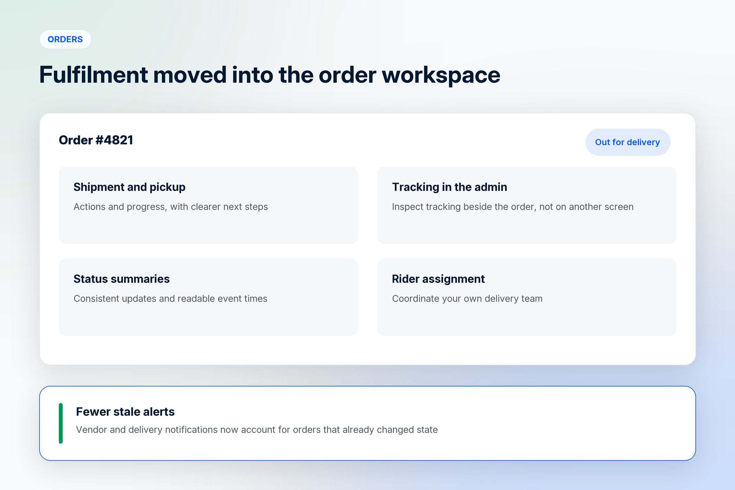 An order workspace holding shipment and pickup actions, tracking in the admin panel, status summaries and rider assignment, with fewer stale notifications