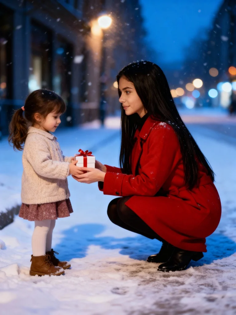 veo 3.1 girl squats down and gives the gift to a little girl.