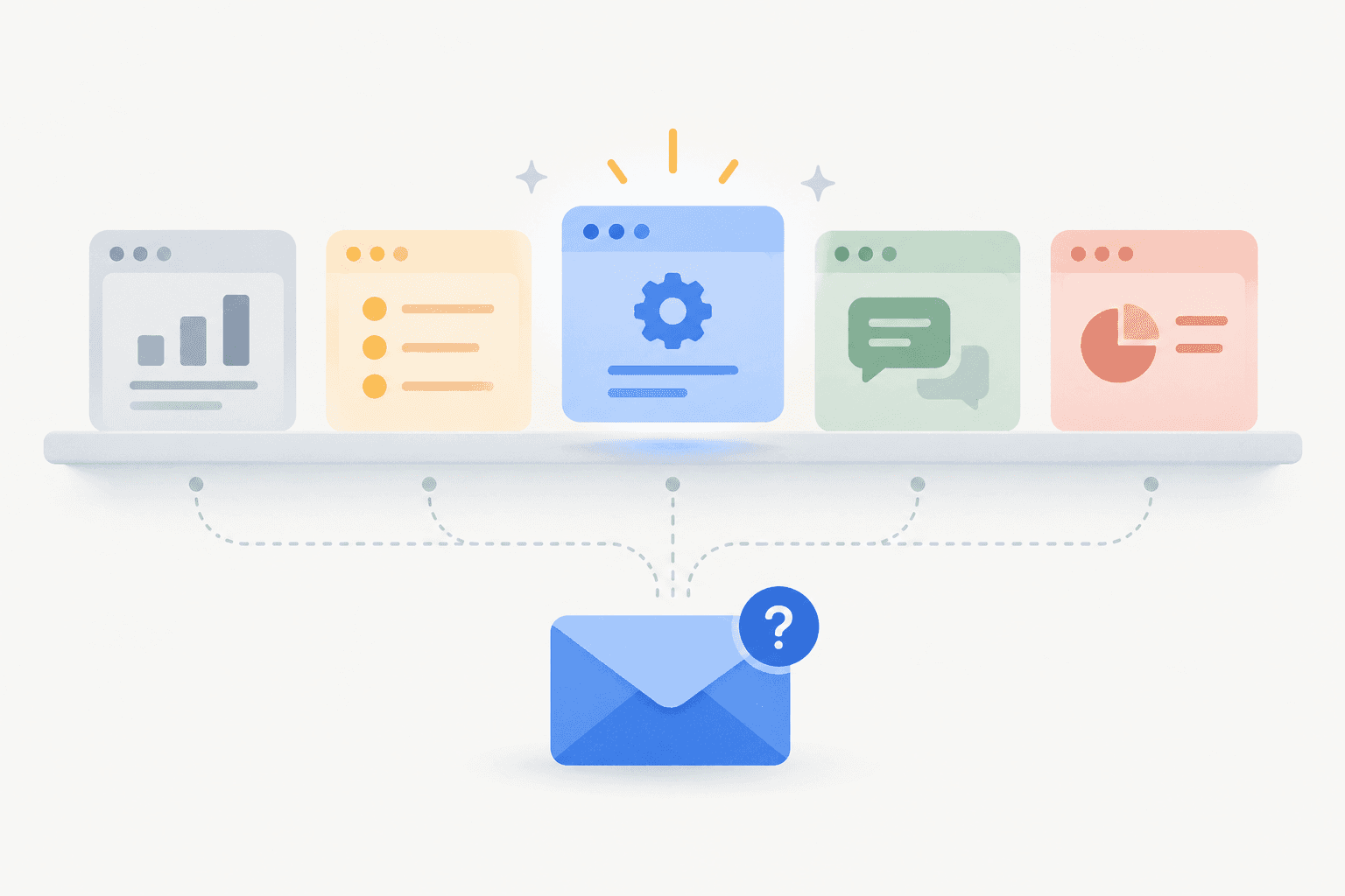 Five app windows on a shelf with an envelope asking which to pick