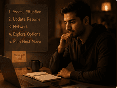 A man in a dark sweater focuses intently on a laptop at a wooden desk, with a notebook and coffee cup beside him. Warm lighting and a calm office atmosphere.