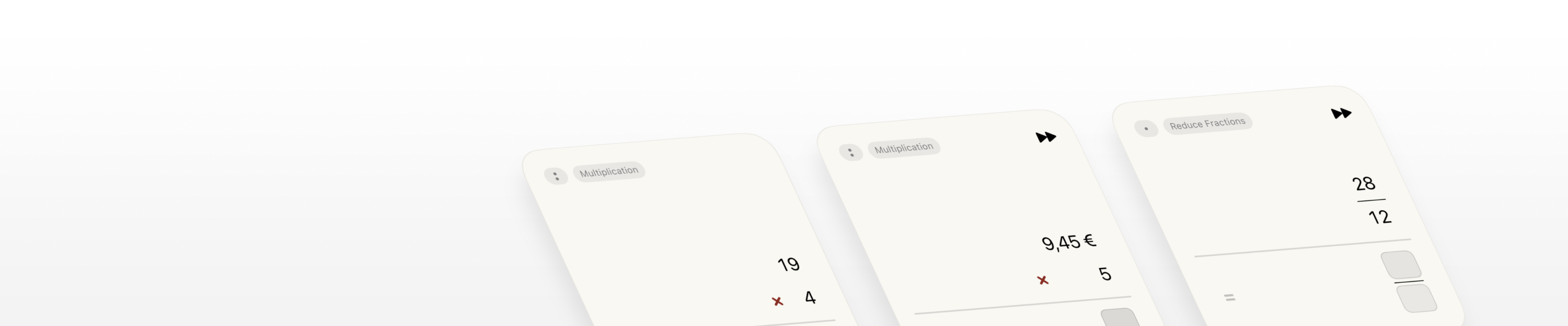 Three Numbio exercise cards: multiplying whole numbers, multiplying euro amounts, and a fraction task