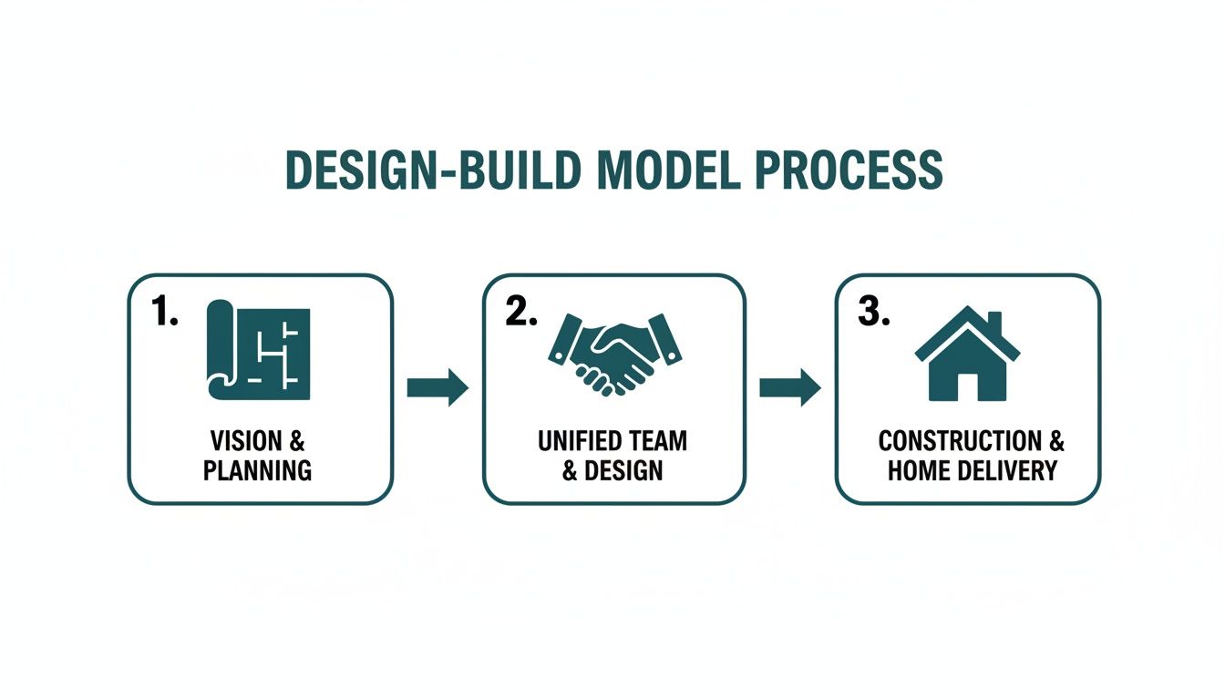 Infographic showing the three steps of the design-build construction process: vision & planning, unified team & design, and construction & home delivery.