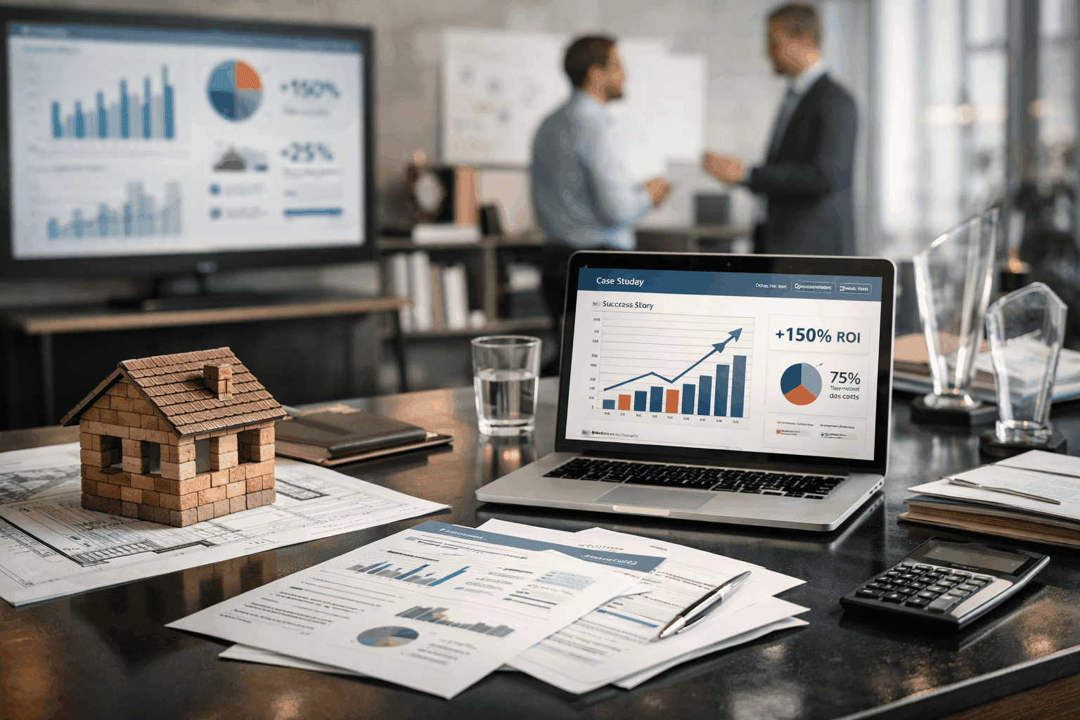 Bureau moderne de cabinet de conseil avec étude de cas financière affichant des résultats chiffrés, illustrant la crédibilité et l’expertise d’un site professionnel réalisé par SL Vision.