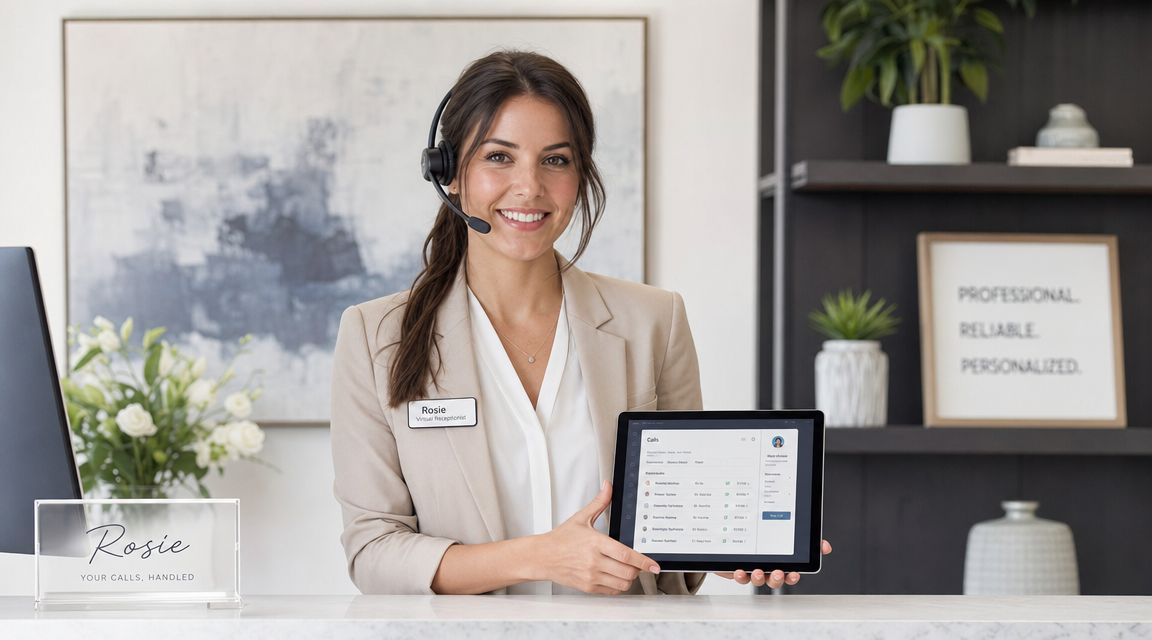 A friendly virtual receptionist named Rosie wearing a headset, smiling and holding a tablet displaying call logs.