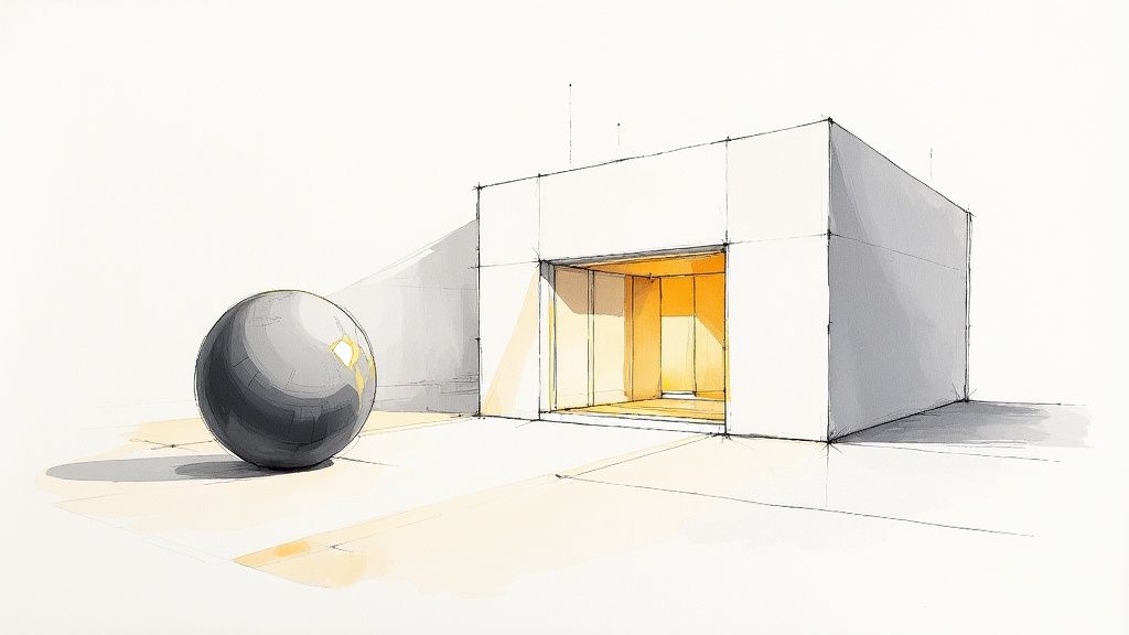 Architectural sketch of a white building with an orange glowing interior and a grey sphere.