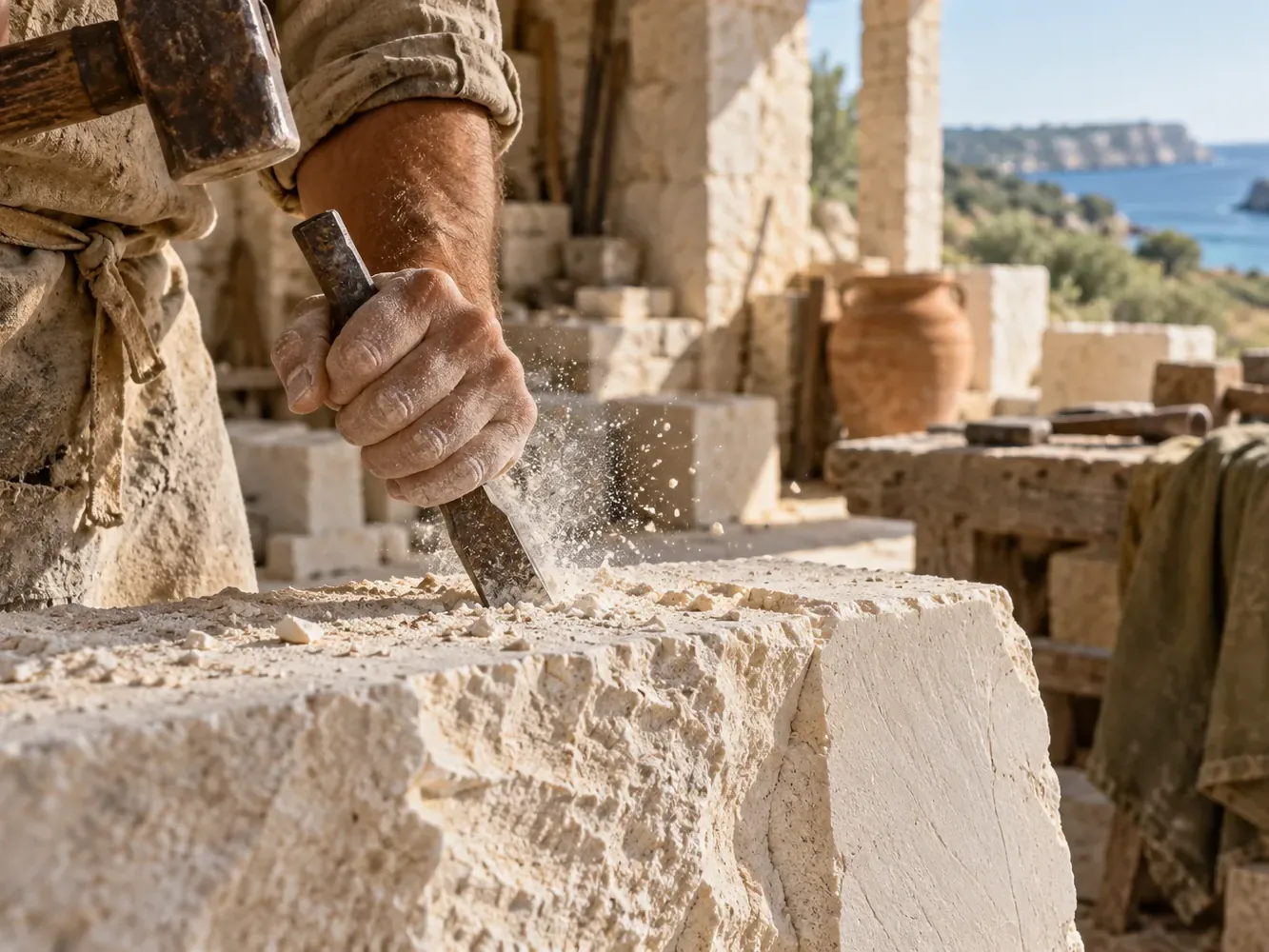 A stonemason shaping a limestone block