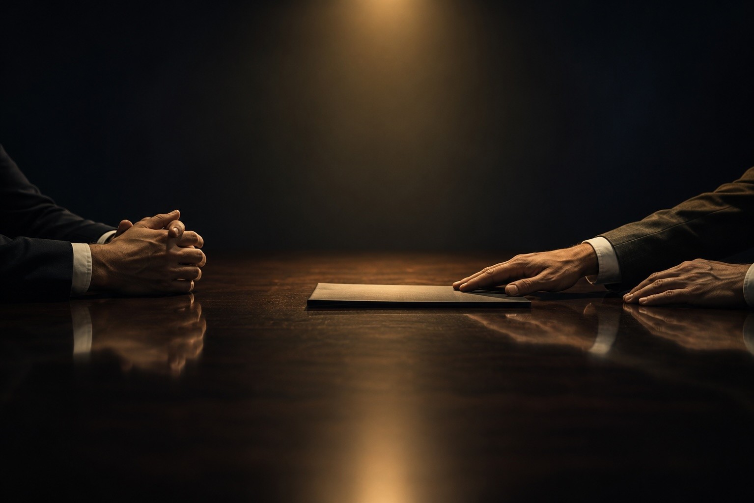 Business negotiation across a table with a document between two executives.