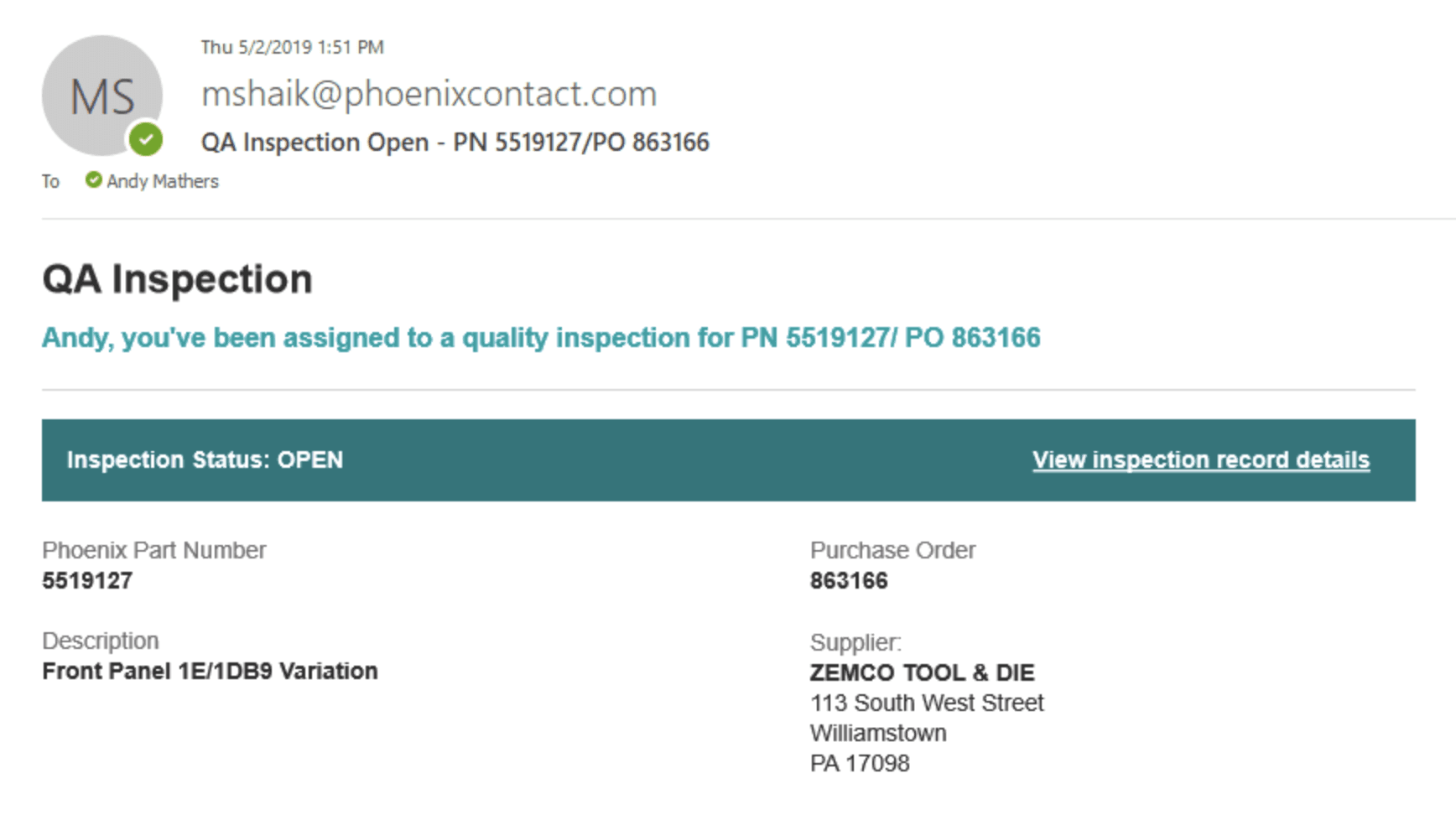 Example of QA inspection email