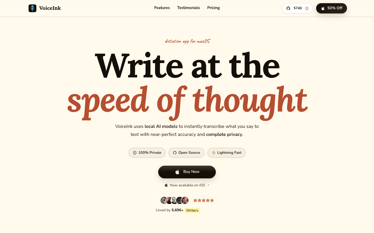 VoiceInk homepage showing private AI dictation for macOS