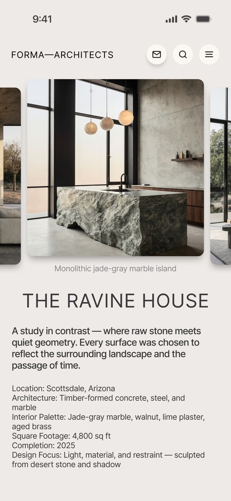 Mobile interface for Forma Architects showcasing a minimalist interior with a sculpted marble island and floor-to-ceiling windows.