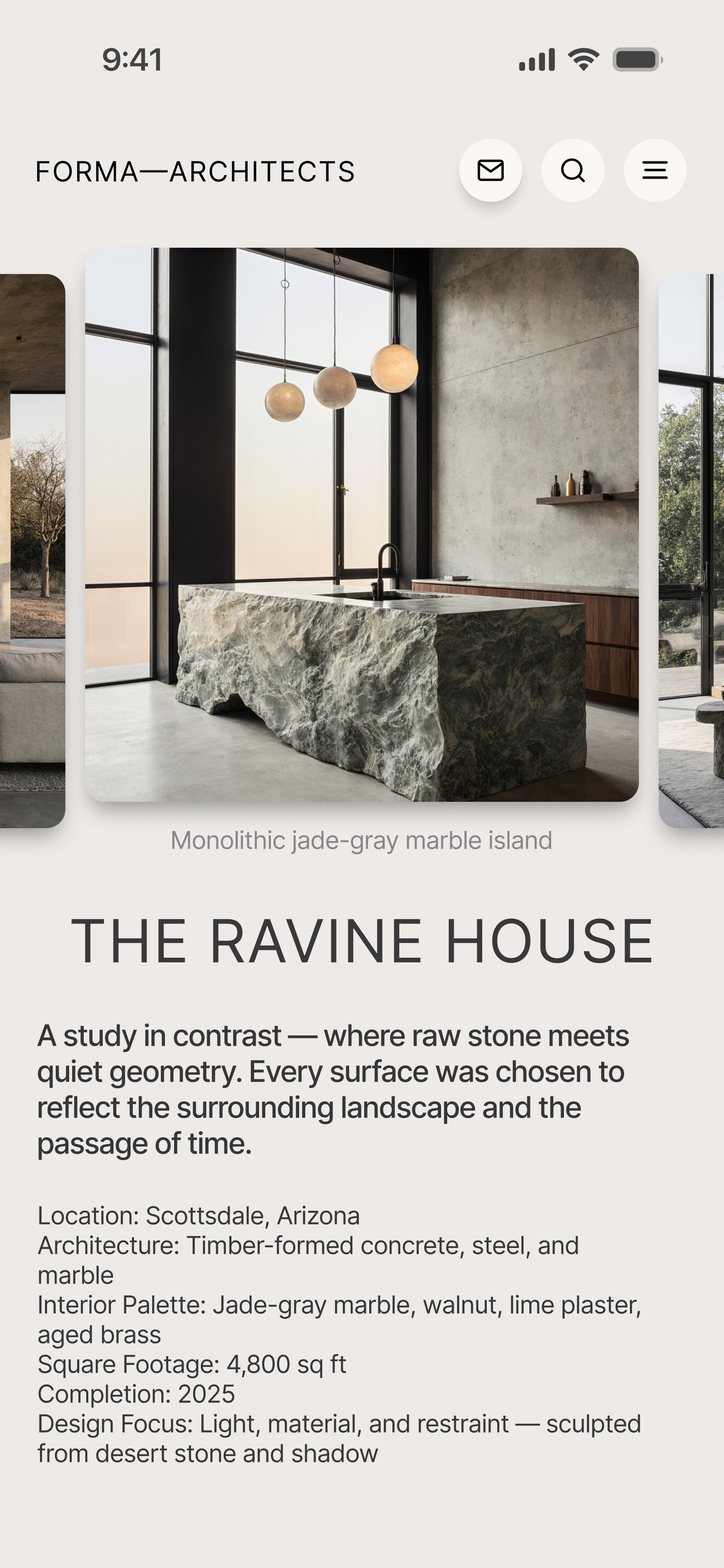 Mobile interface for Forma Architects showcasing a minimalist interior with a sculpted marble island and floor-to-ceiling windows.