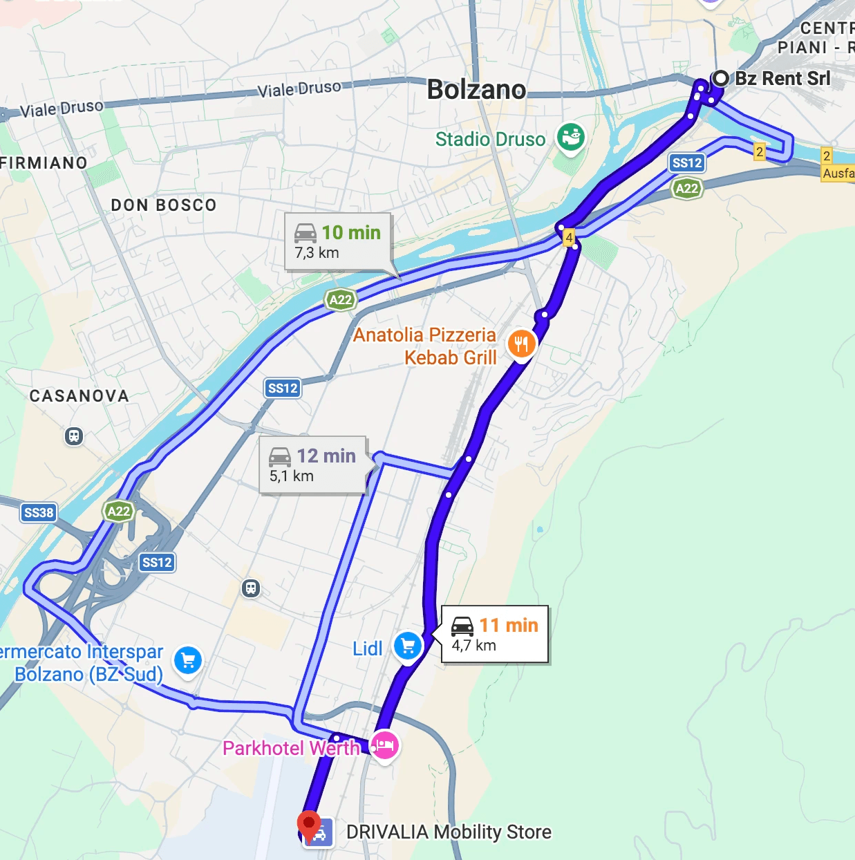 Cartina Google Maps dall'aeroporto alla sede di Bolzano Rent