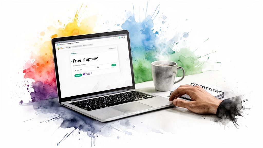 Laptop displaying a 'Free shipping' offer, with a hand, steaming mug, and notebook on a vibrant desk.