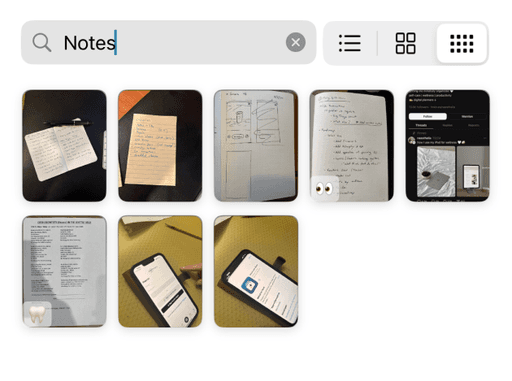 App view of library with search for 'notes' and notes item on screen in a small thumbnail view.