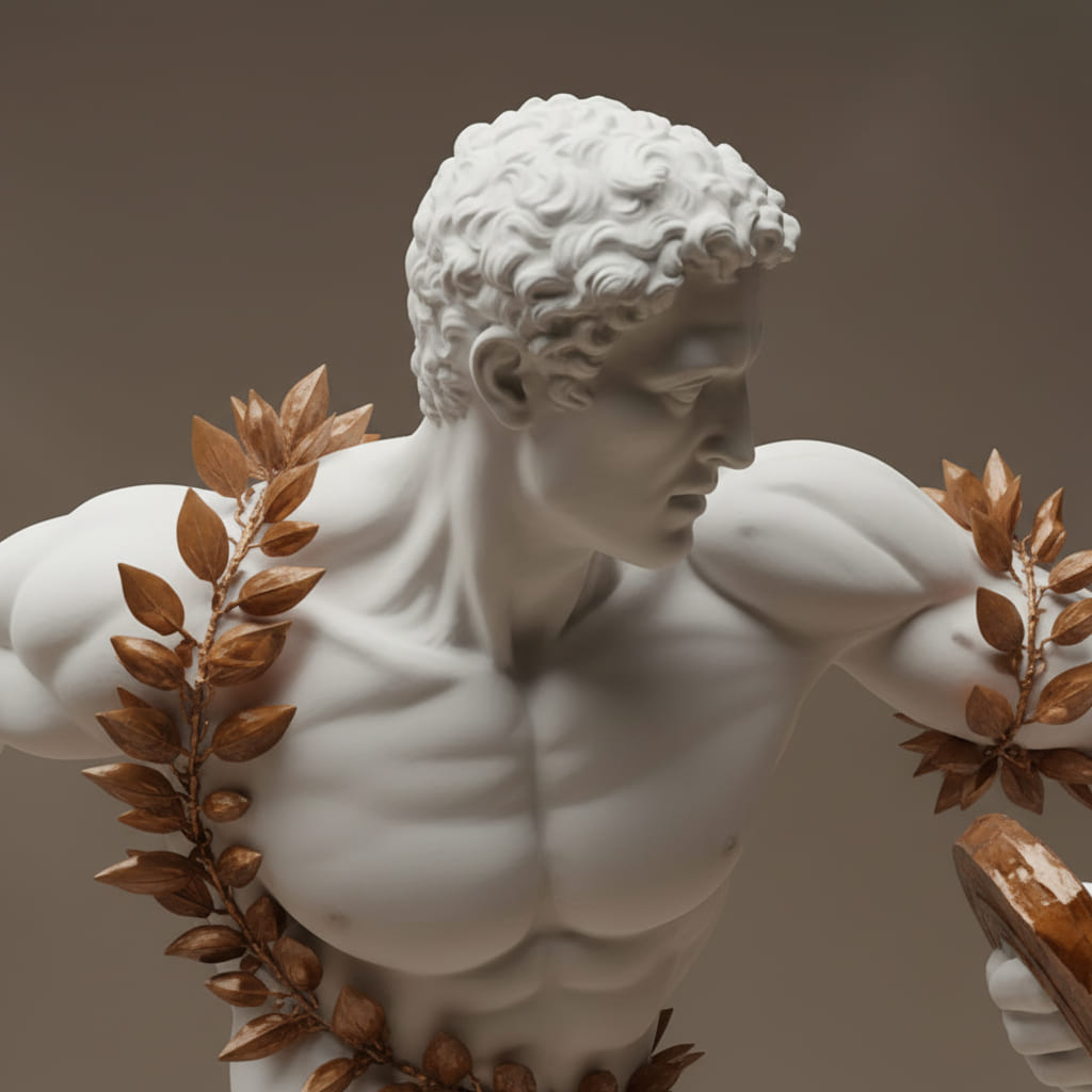 Alt text: Profile view of a white marble athlete sculpture draped in bronze laurel leaves.