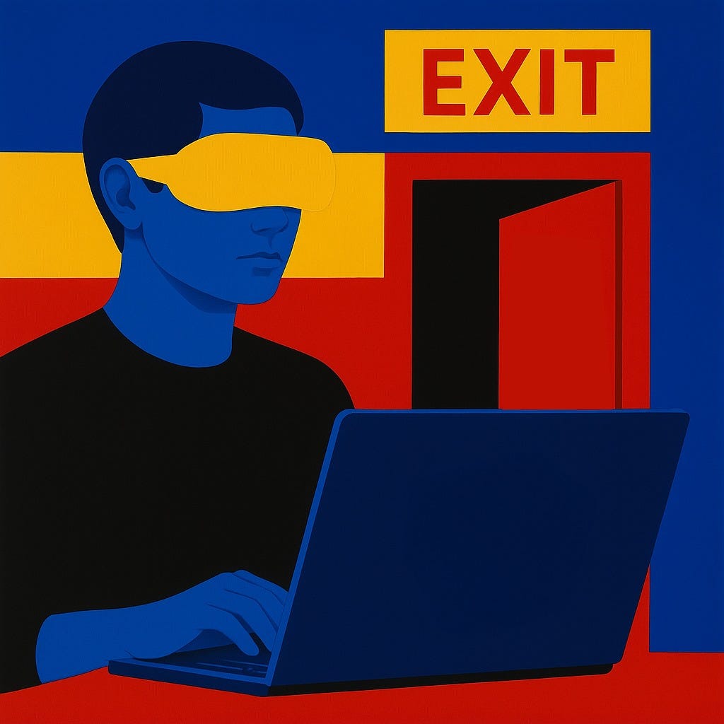 Graphic of a man in a mask on a computer with an exit sign behind