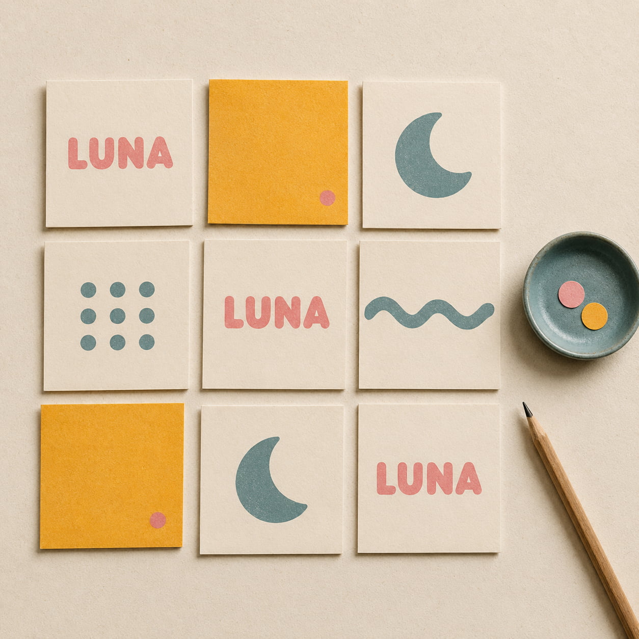 Nine beige cards arranged in a grid, featuring pink text "LUNA," blue shapes, and yellow squares. A pencil and a dish with dots lie nearby.